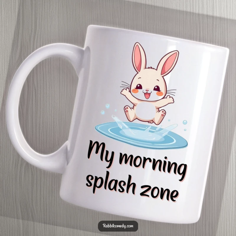 Funny mug of a cartoon rabbit dramatically splashing over a tiny puddle with pure delight.