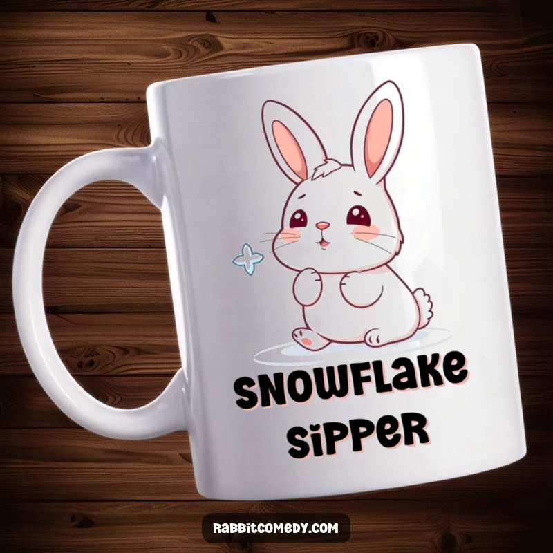 Funny mug of a cartoon rabbit playfully trying to catch a falling snowflake with its cute nose.