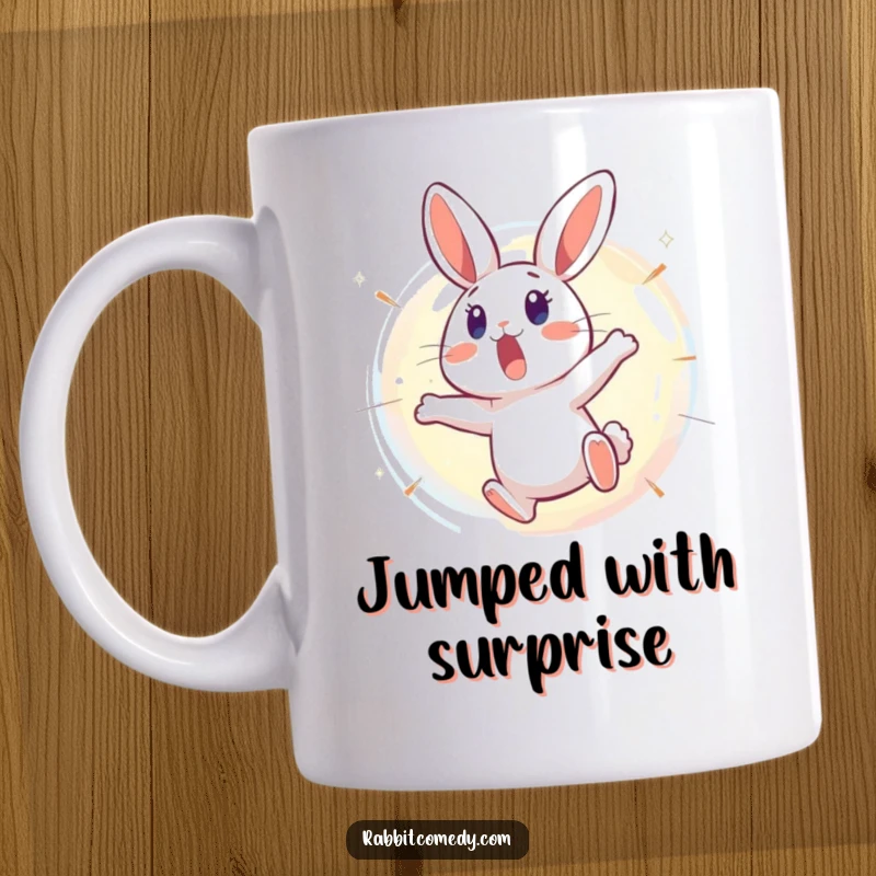 Funny Rabbit Mug: A surprised rabbit leaps backward in shock from a bursting, shimmering bubble, embodying comical astonishment.