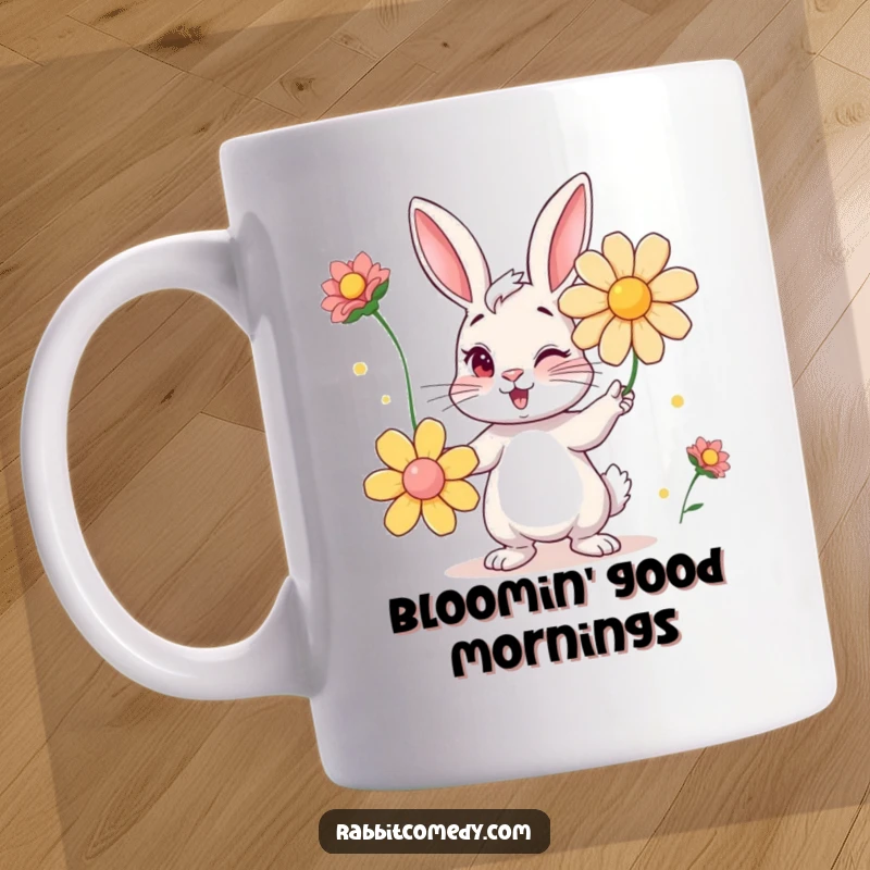 Funny mug showcasing a mischievous rabbit winking while expertly juggling large, colorful flowers, full of personality.