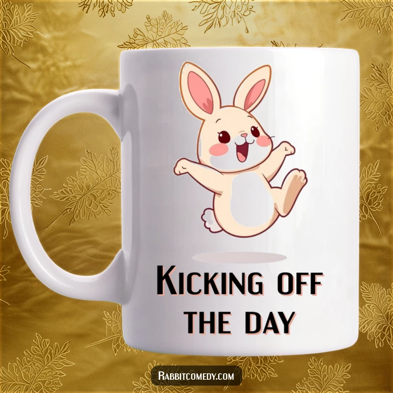 Funny rabbit mug featuring a playful bunny kicking its back legs high in the air with a happy, silly expression.