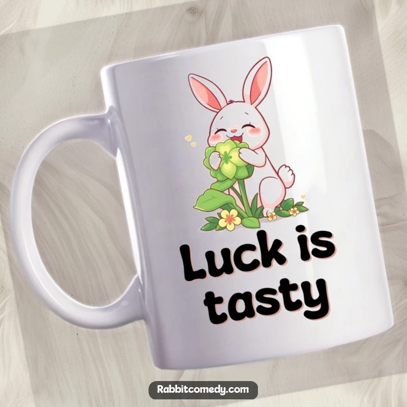 Funny rabbit mug, joyfully munching on a giant, glowing four-leaf clover, embodying luck and delight.