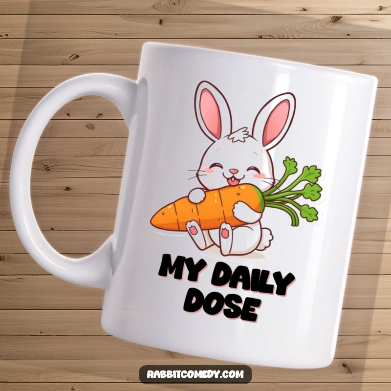 Funny mug featuring a happy rabbit with a wide smile, enthusiastically nibbling on a huge, juicy carrot, bringing pure delight.