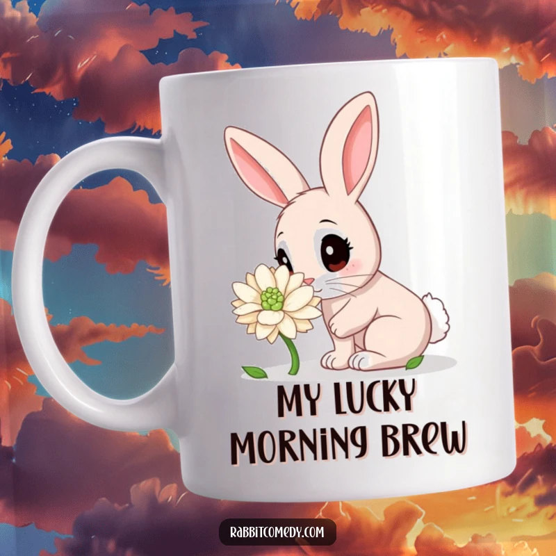 Funny Rabbit Mug: A wide-eyed rabbit character curiously sniffing a giant, dew-kissed clover, conveying pure joy and wonder.