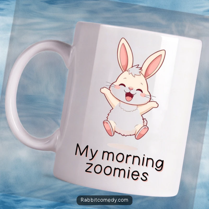 Funny Mug featuring a fluffy rabbit with long ears hopping joyfully with ecstatic energy, perfect for a cheerful mood.