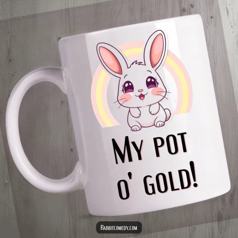 Funny mug with a rabbit character, its eyes wide with amazement as it gazes at a vibrant rainbow, symbolizing wonder and delight.