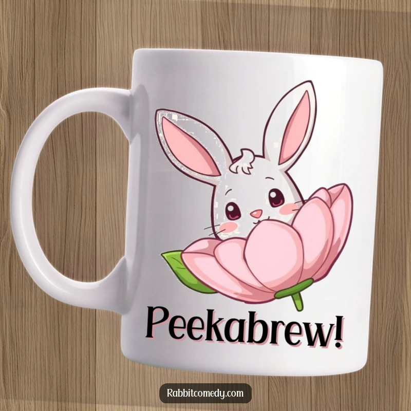 Funny Rabbit Peeking Flower Mug: A curious rabbit with big eyes peeks from behind a giant cartoon flower, full of wonder.