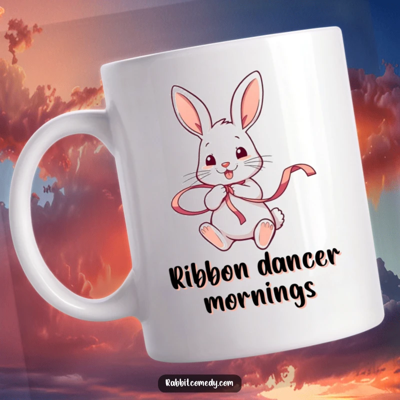 Funny rabbit character enthusiastically twirling a small, colorful ribbon with its paws, showcasing playful energy and happiness