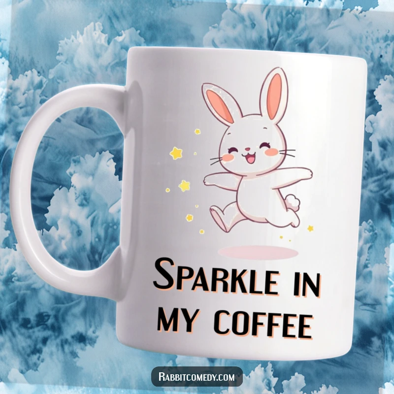 Funny rabbit mug showing a rabbit in a joyful leap, leaving a trail of shimmering star dust, radiating humorous magic.