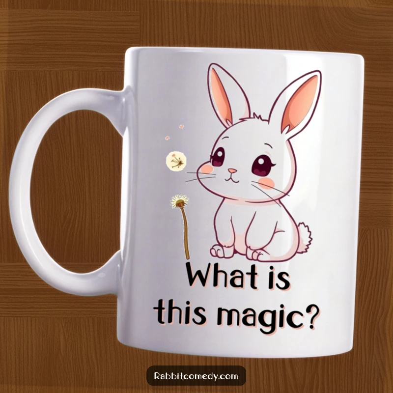 Funny mug showing a rabbit with perked ears and a curious look, intently watching a single dandelion seed gracefully float by.