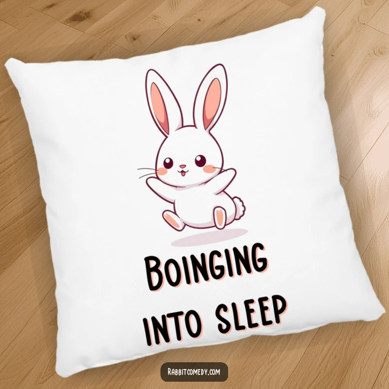 Funny kawaii rabbit pillow, depicting a cute bunny playfully boinging mid-air. Soft, humorous, and brings adorable cheer.