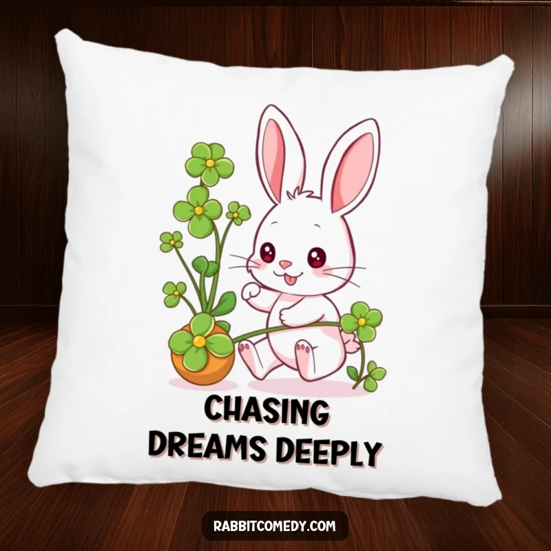 Funny rabbit character enthusiastically chasing a clover, eyes gleaming, making this pillow a comfy, humorous addition.