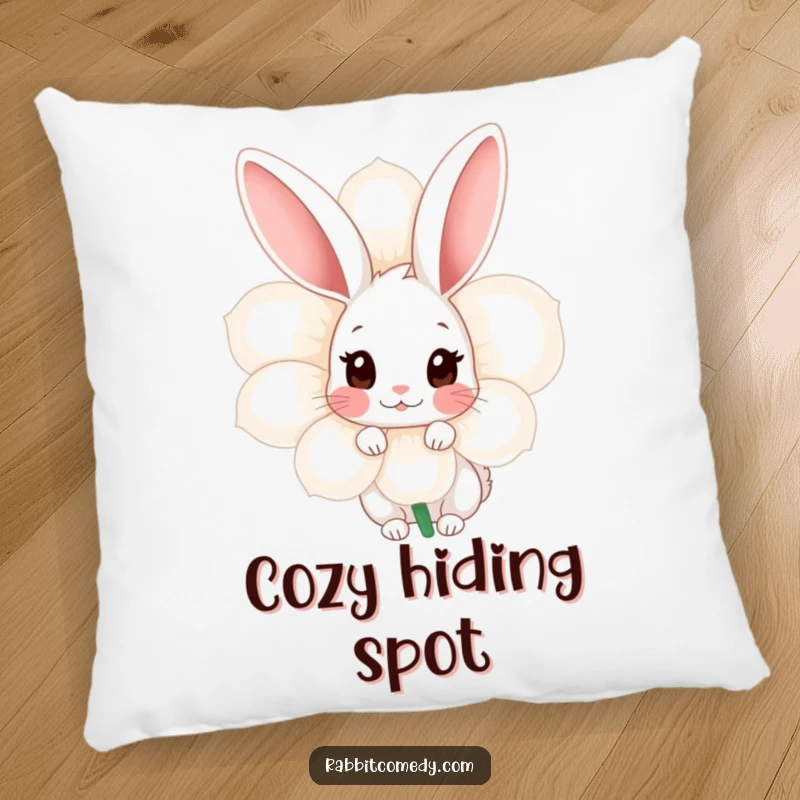 Funny Shy Rabbit Pillow: A plush pillow displays a shy rabbit peeking from behind a large flower, bringing a sense of gentle comfort.