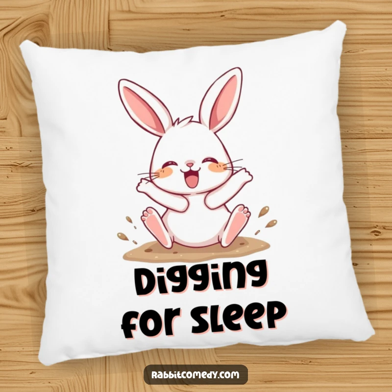 Funny Pillow featuring a rabbit character joyfully digging with its hind legs kicking up, making it a cozy and energetic accent.