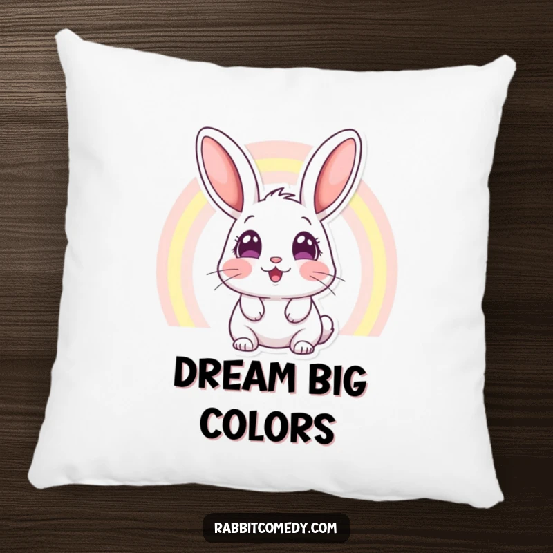 Funny pillow showcasing a rabbit with wide, amazed eyes beholding a spectacular rainbow, bringing a touch of magic to home decor.