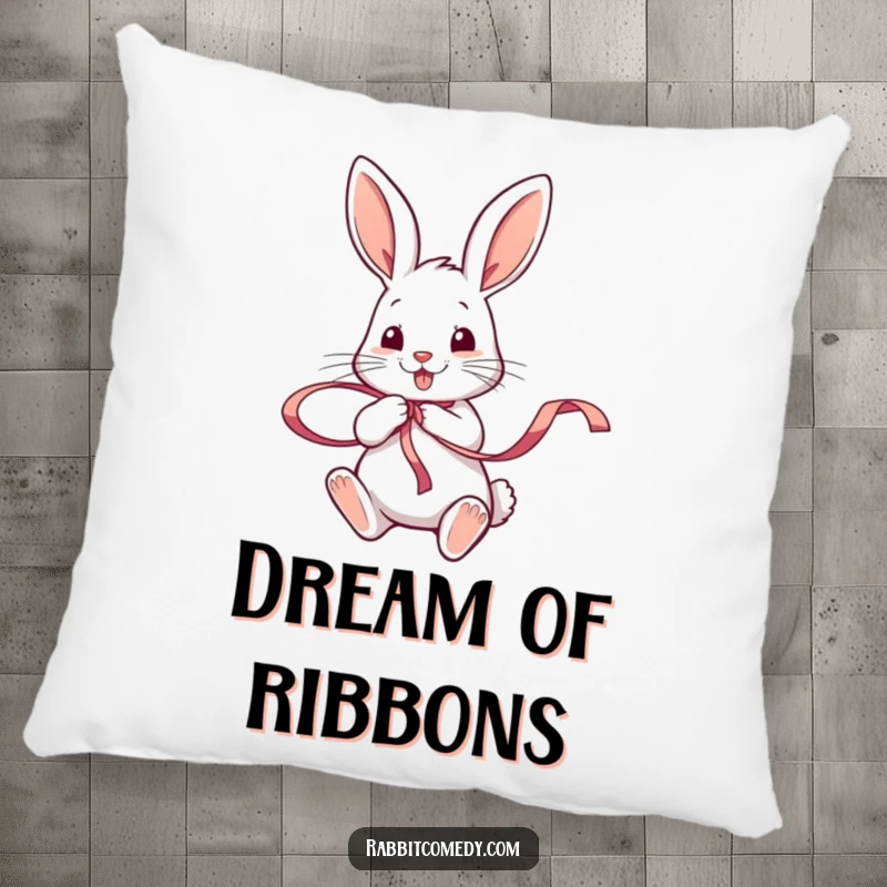 Funny rabbit character twirling a colorful ribbon with its paws, featured on a soft and humorous decorative pillow