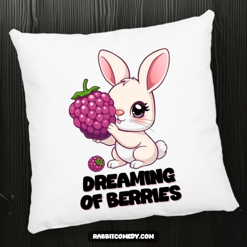 Funny Pillow featuring a rabbit with oversized, curious eyes nibbling a giant berry, making it a cozy and charming accent.