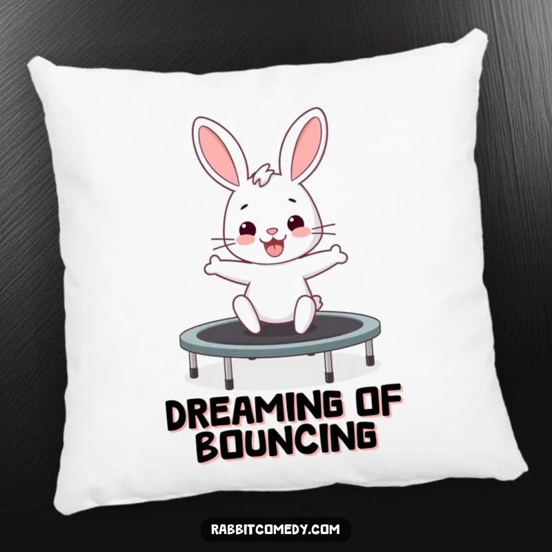Funny rabbit pillow featuring a bunny wiggling with excitement while bouncing on a trampoline, offering comfort and fun.