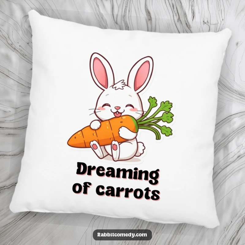 Funny pillow featuring an overjoyed rabbit with its mouth full of a large, ripe carrot, offering soft comfort and a cheerful vibe.