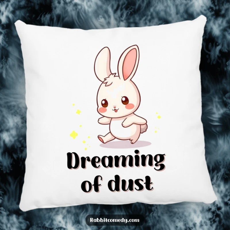 Funny rabbit pillow featuring a whimsical rabbit playfully chasing a scattering of glowing dust motes.