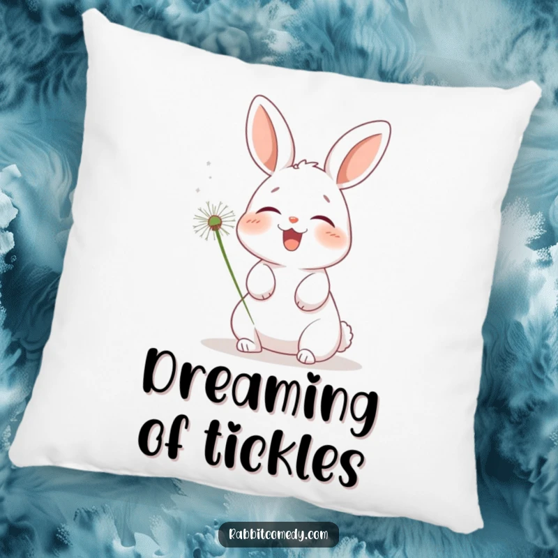 Funny rabbit pillow, a plush cushion adorned with a cartoon bunny joyfully giggling while a dandelion fluff tickles its chin.