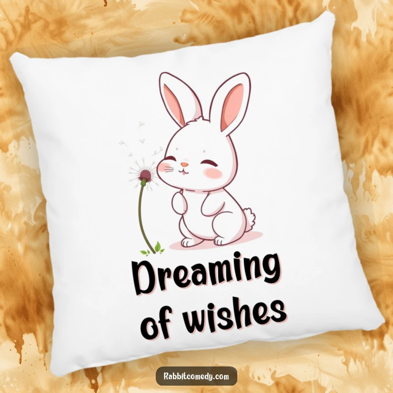 Funny rabbit pillow featuring a soft bunny gently blowing a fluffy dandelion seed, adding comfort and a touch of magic.
