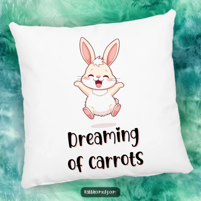 Funny Pillow featuring a fluffy rabbit with long ears hopping ecstatically, bringing joy and comfort to any cozy space.