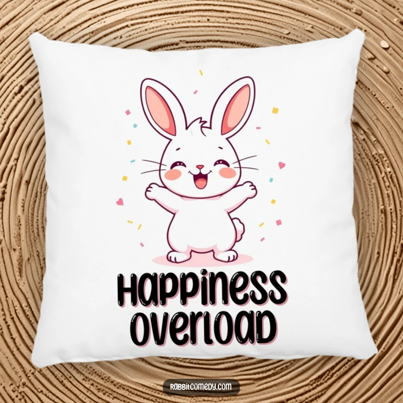 Funny Rabbit Pillow: A happy rabbit performs an excited binky, leaving a cloud of confetti, offering a soft and humorous addition to any cushion.