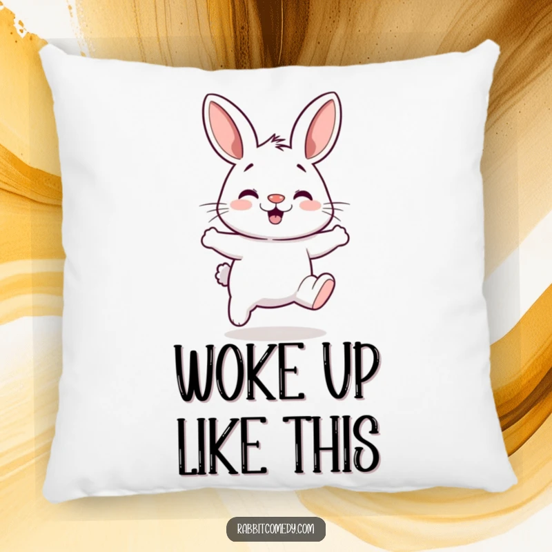 Funny pillow showcasing a rabbit with a twitching nose in a silly, energetic hop, perfect for comfort.