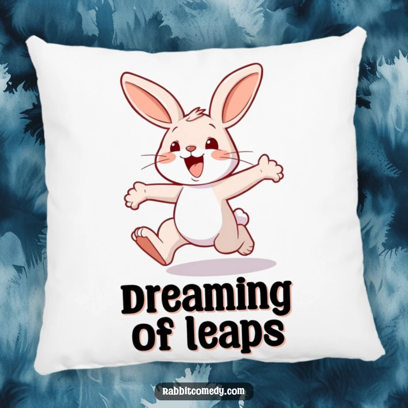 Funny rabbit pillow, depicting a cheerful character joyfully hopping with massive, exaggerated leaps, exuding happiness and fun.