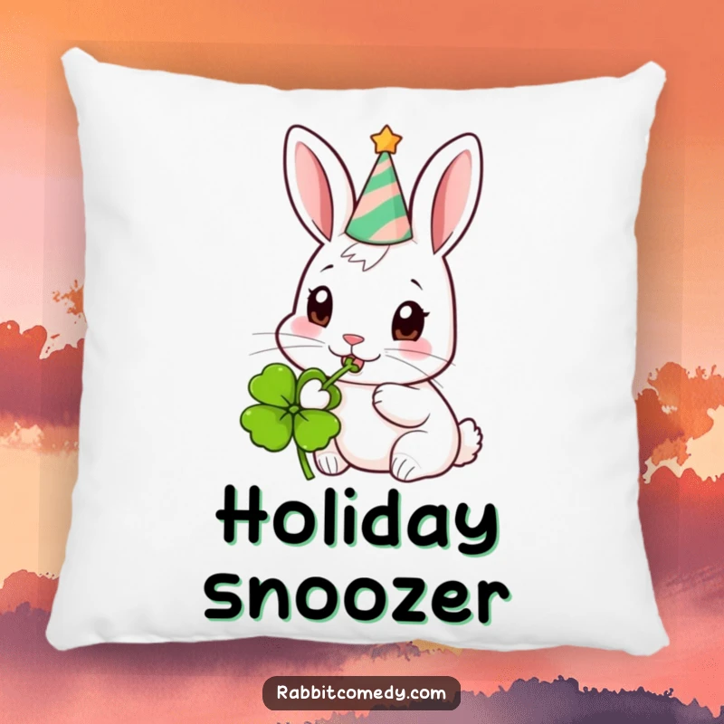 Funny Party Rabbit Accent Pillow: A soft pillow featuring a rabbit in a party hat, nibbling a clover.