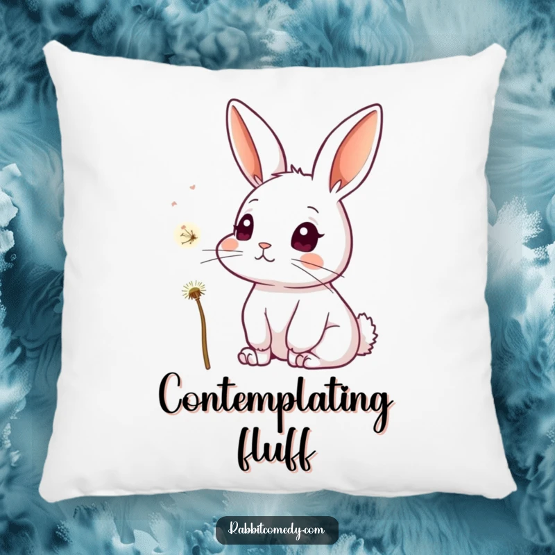 Funny pillow with a curious rabbit, ears attentive, gazing intently at a delicate dandelion seed floating gently in the air.