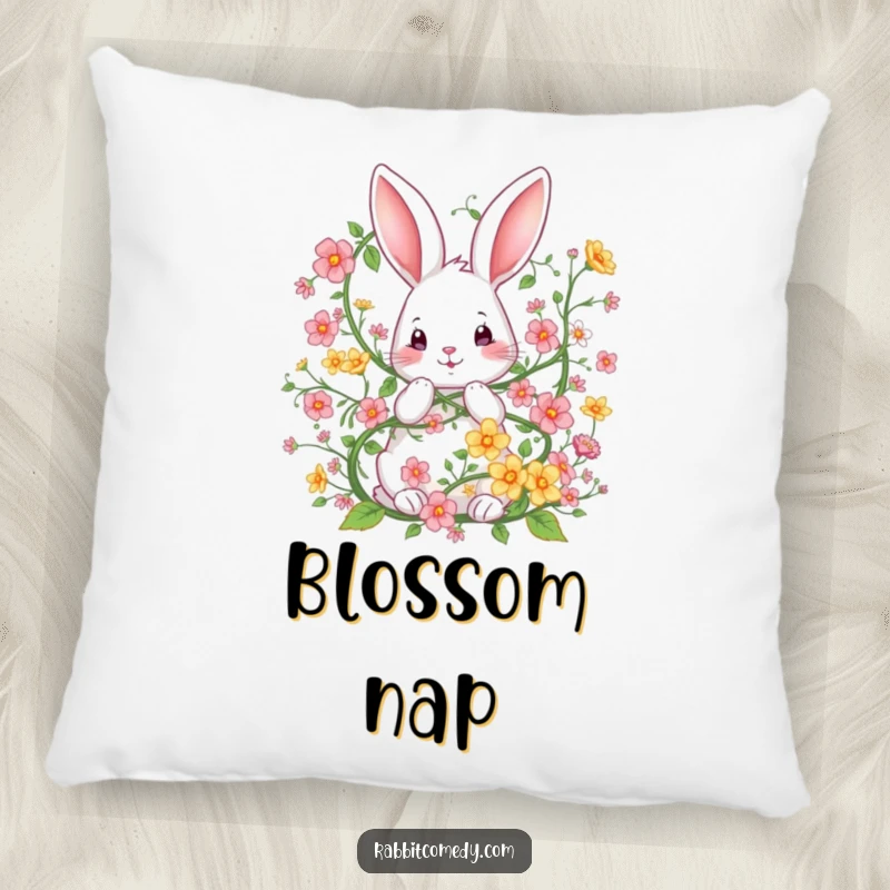 Funny pillow featuring a rabbit charmingly entangled in a whimsical vine of flowers, offering comfort and a touch of garden humor.