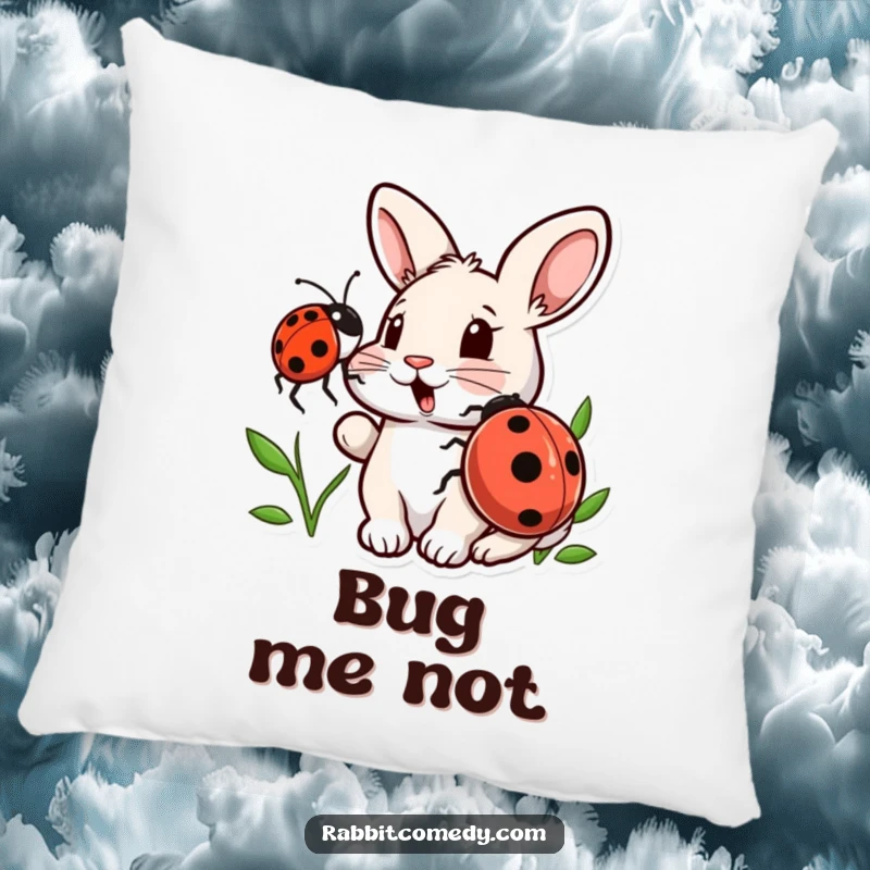 Funny pillow featuring a startled rabbit with a surprised expression, gently nudged by a friendly ladybug, perfect for humorous home decor.