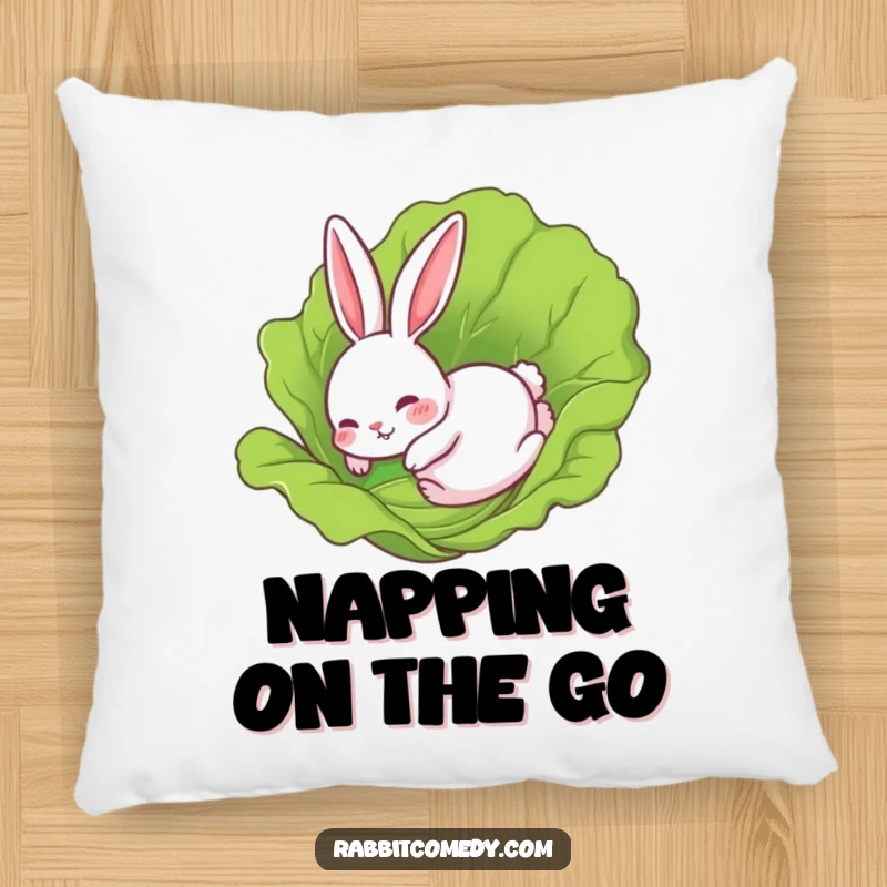 Funny Rabbit Pillow: A rabbit comically sliding on a lettuce leaf, offering comfort and a touch of playful, slapstick charm.