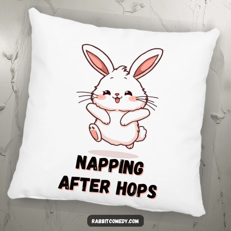 Funny rabbit pillow showcasing a fluffy character mid-hop with joyful bounce and twitching ears, adding whimsical charm.