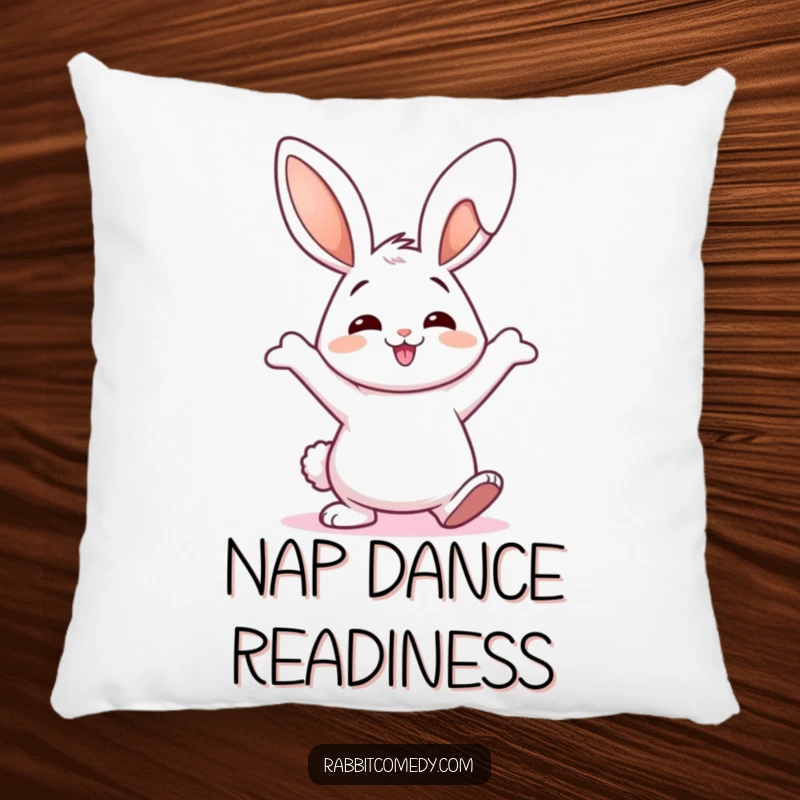 Funny Pillow featuring a happy rabbit doing a silly, wiggly ear dance, adding comfort and comic relief to any space.