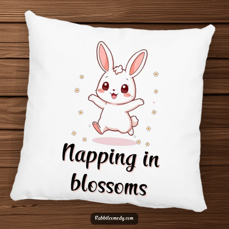 Funny rabbit pillow featuring an excited bunny jumping and scattering flowers, offering soft, adorable comfort with a theme of pure joy.