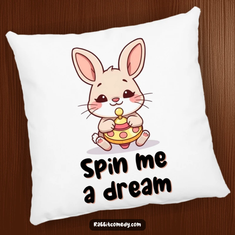 Funny Rabbit Pillow: A cute and silly rabbit is depicted engrossed in playing with a spinning top, radiating happiness.