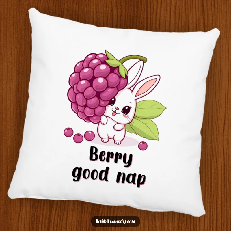 Funny pillow with a soft texture, showing a cartoon rabbit peeking with wide eyes from behind a huge, wobbling berry, adding humor to seating.