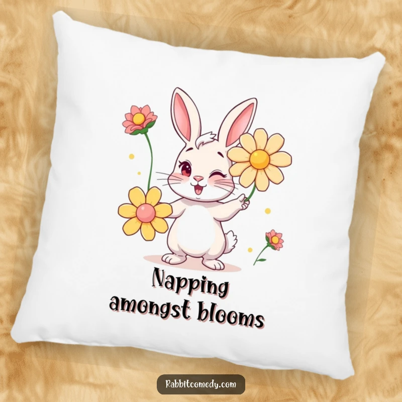 Funny pillow featuring a mischievous winking rabbit juggling bright flowers, adding a soft touch of humor to any room.