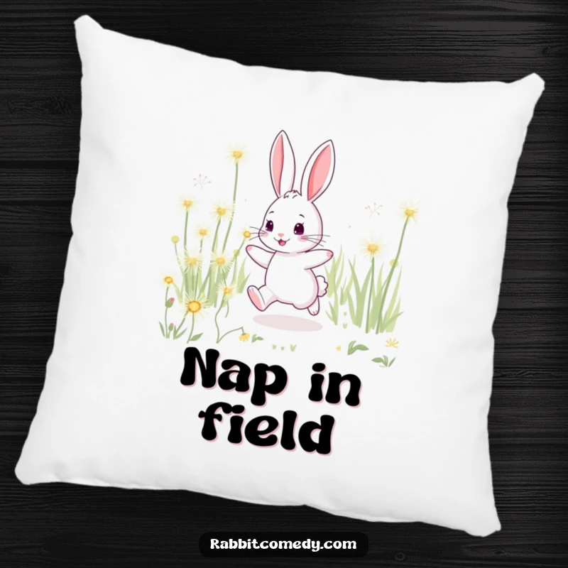 Funny rabbit pillow, playfully hopping through giant sparkling dandelions, bringing meadow charm and comfort.