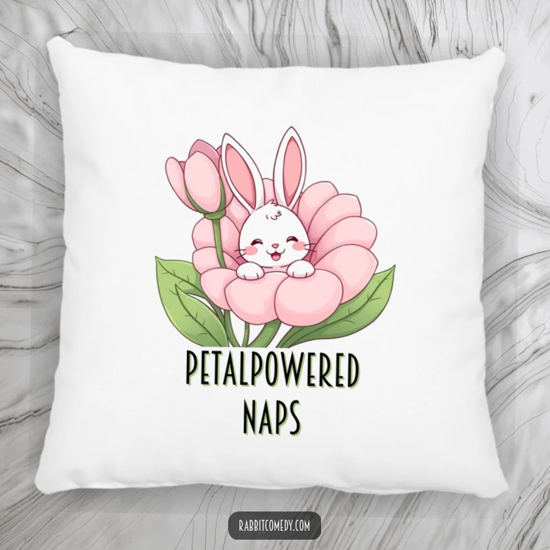 Funny rabbit peeking from a giant flower, happy wiggle, soft cartoon pillow, ideal funny gift for cozy spaces.