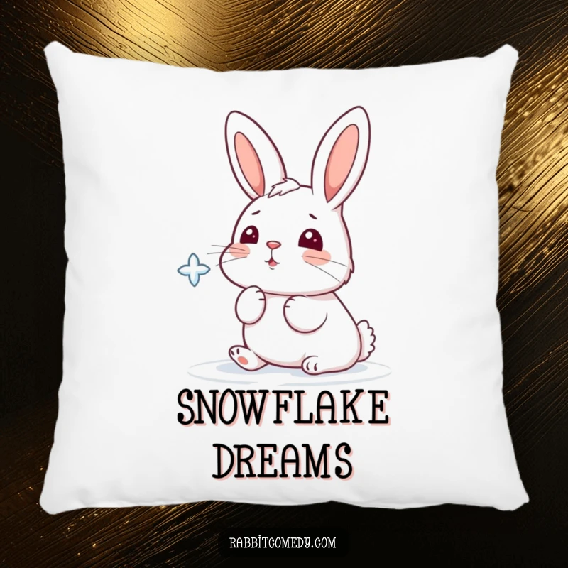 Funny pillow with a cartoon rabbit playfully trying to catch a falling snowflake with its nose.