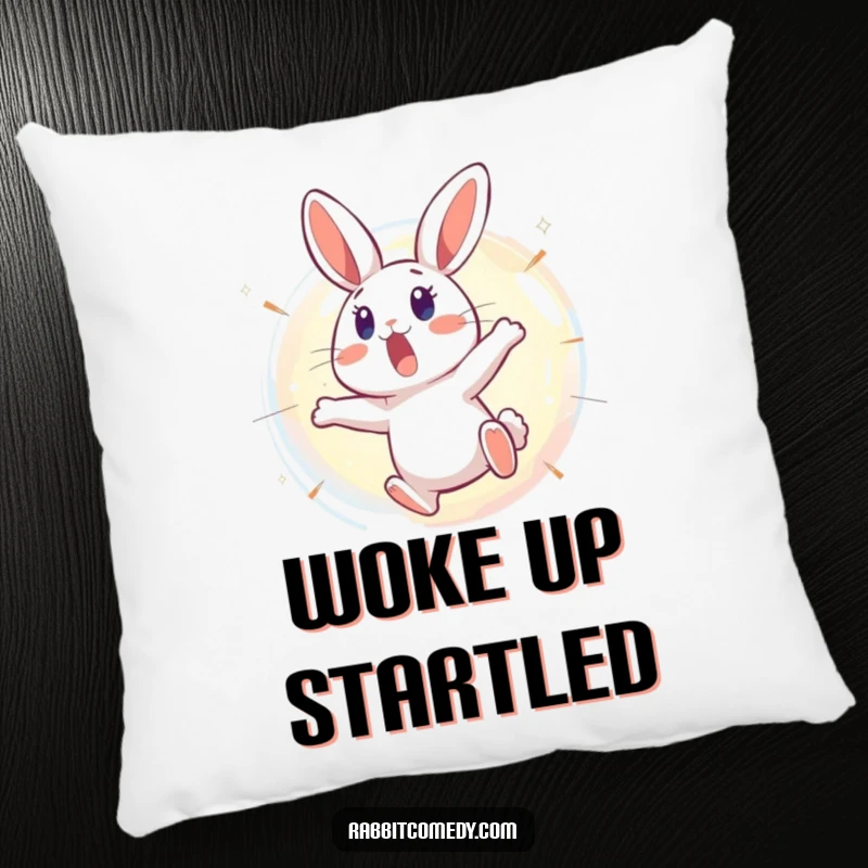 Funny Rabbit Pillow: A surprised rabbit leaps backward from a bursting, shimmering bubble, offering a soft and humorous addition to any cushion.