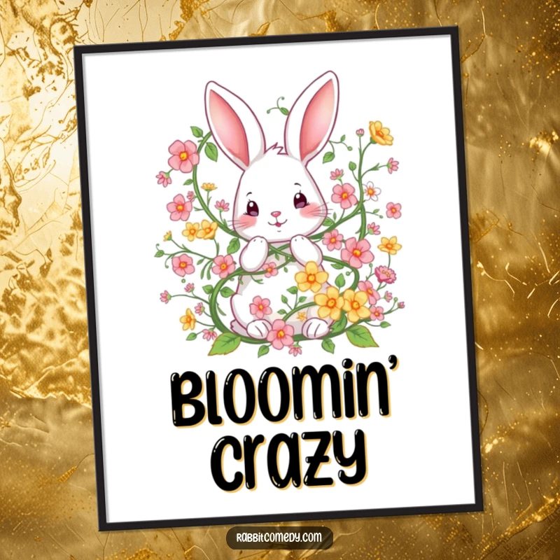 Funny digital art print of a rabbit playfully tangled in a whimsical flower vine, offering instant garden-themed humor.