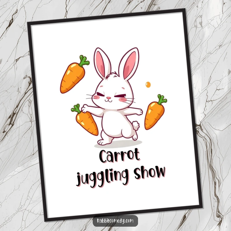 Funny rabbit digital art print of a rabbit character playfully juggling three shiny carrots with a determined squint.