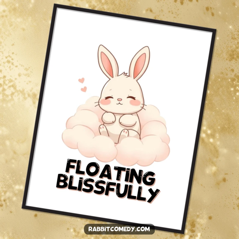 Funny rabbit digital art print of a rabbit sighing contentedly among soft, fluffy clouds, capturing humorous serenity.
