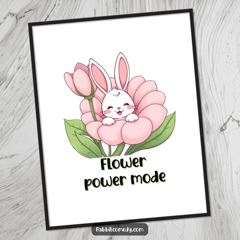 Funny rabbit peeking from a giant flower, happy wiggle, whimsical cartoon digital art, perfect humorous printable gift.