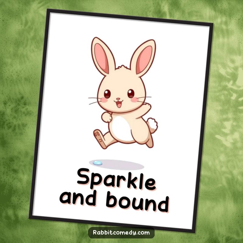 Funny rabbit digital art print of a determined bunny leaping over a tiny, sparkling dewdrop, capturing humorous perseverance.